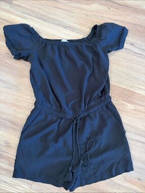 LOFT Black Off-Shoulder Romper with Tassel Tie